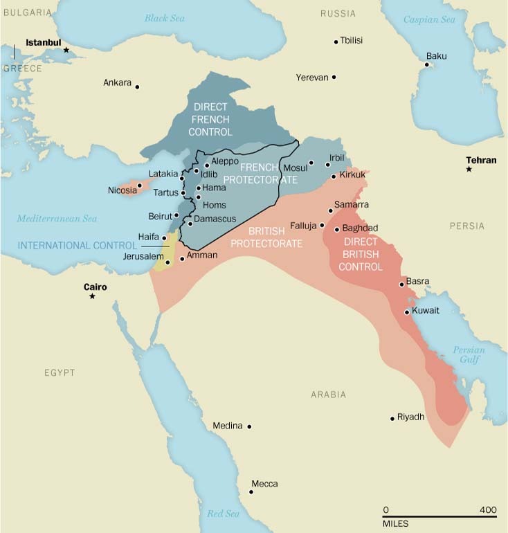 Frontieres actuelles de la Syrie superposées à la division Sykes-Picot